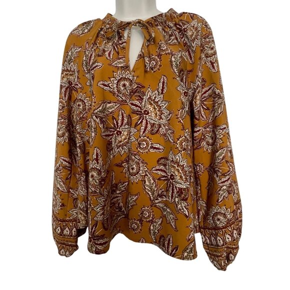 Evereve Womens Floral Print Boho Blouse M - Mustard Yellow Keyhole Neckline - Picture 1 of 9